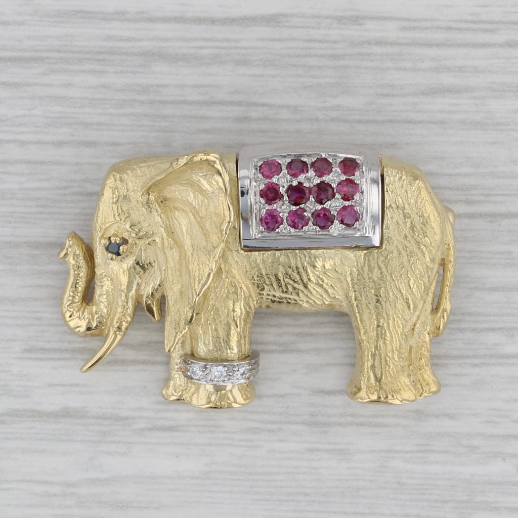 Gray 0.45ctw Ruby Diamond Sapphire Elephant Brooch 18k Yellow Gold Platinum Pin