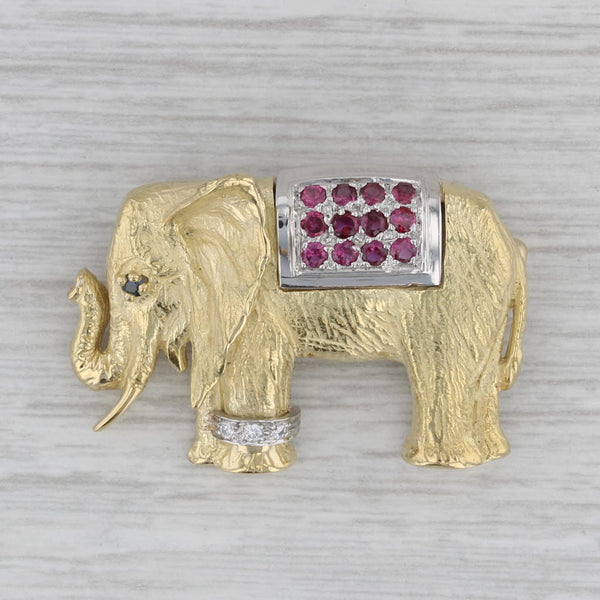 0.45ctw Ruby Diamond Sapphire Elephant Brooch 18k Yellow Gold Platinum Pin