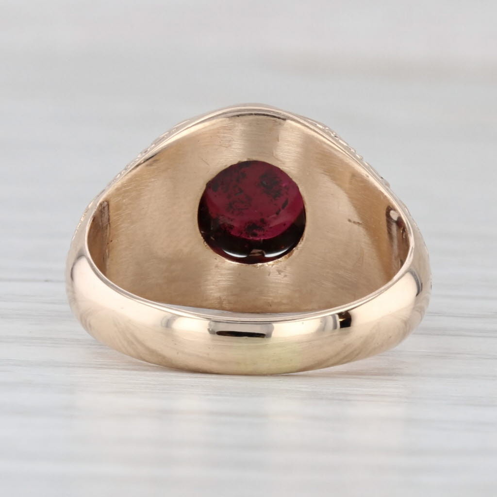 Antique Garnet Solitaire Ring 9k-10k Gold Ornate Floral Pattern Belcher Setting