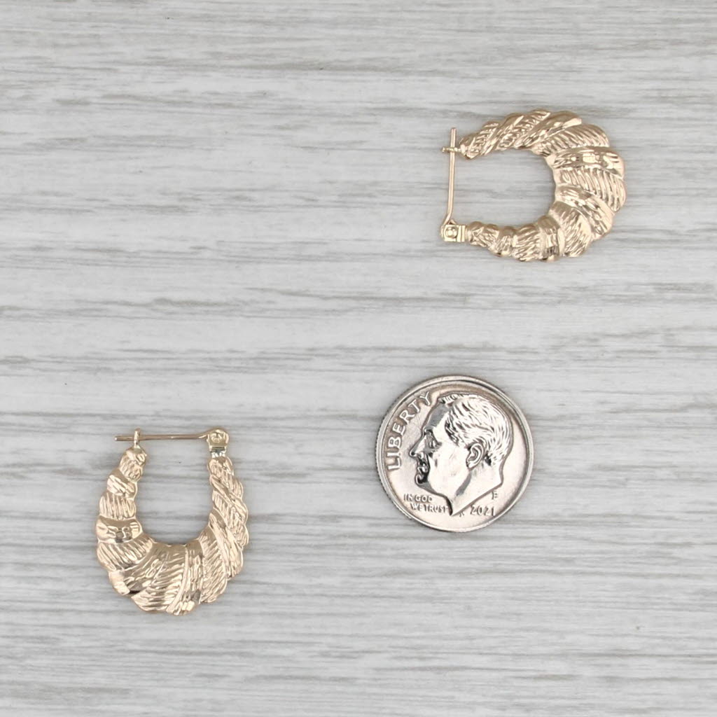 Scalloped Croissant Hoop Earrings 14k Yellow Gold Snap Top Oval Hoops