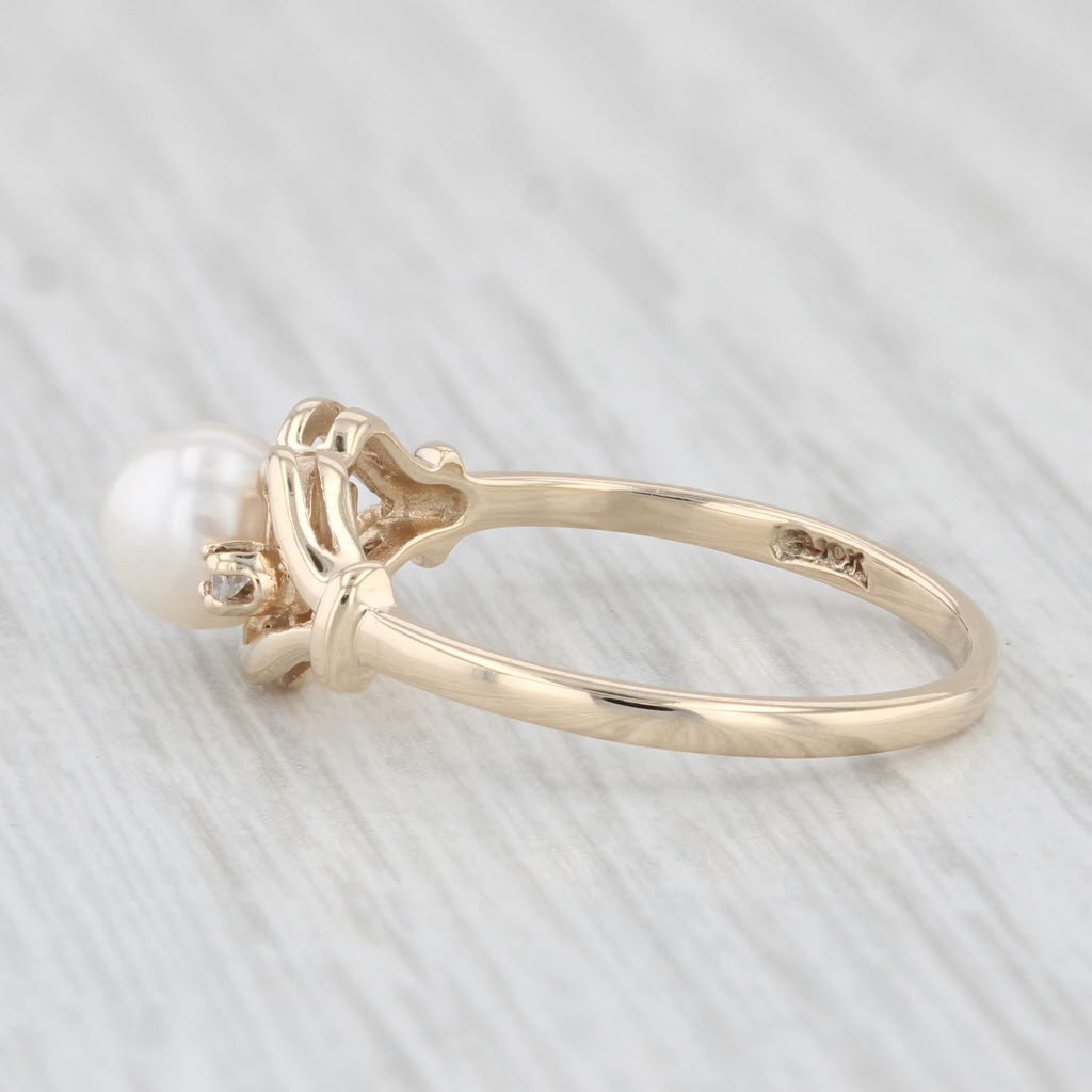 Light Gray Cultured Pearl Diamond Hearts Ring 10k Yellow Gold Size 5.75