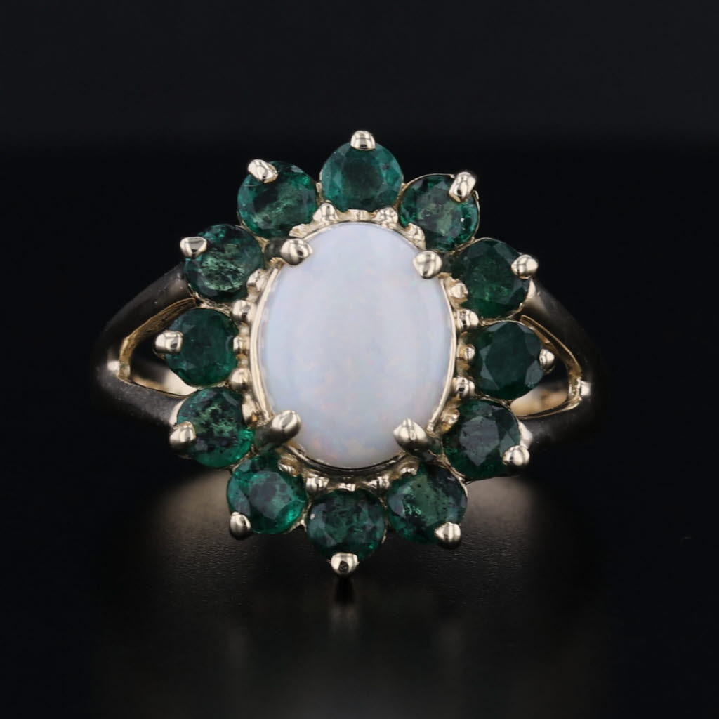 Opal Cabochon 1.20ctw Emerald Halo Ring 14k Yellow Gold Size 7