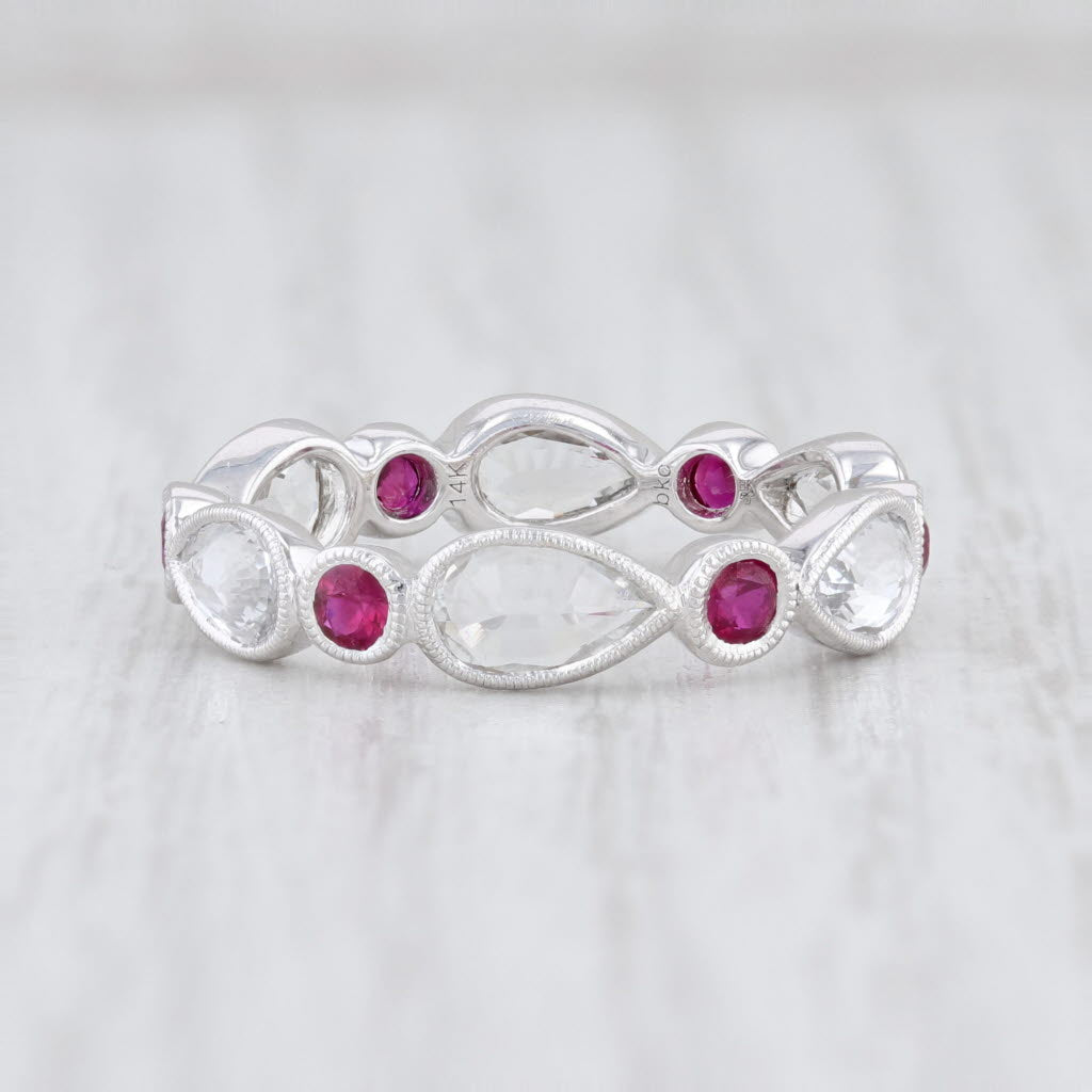 New Beverley K Red Ruby White Sapphire Stackable Ring 14k Gold Eternity Band 6.5