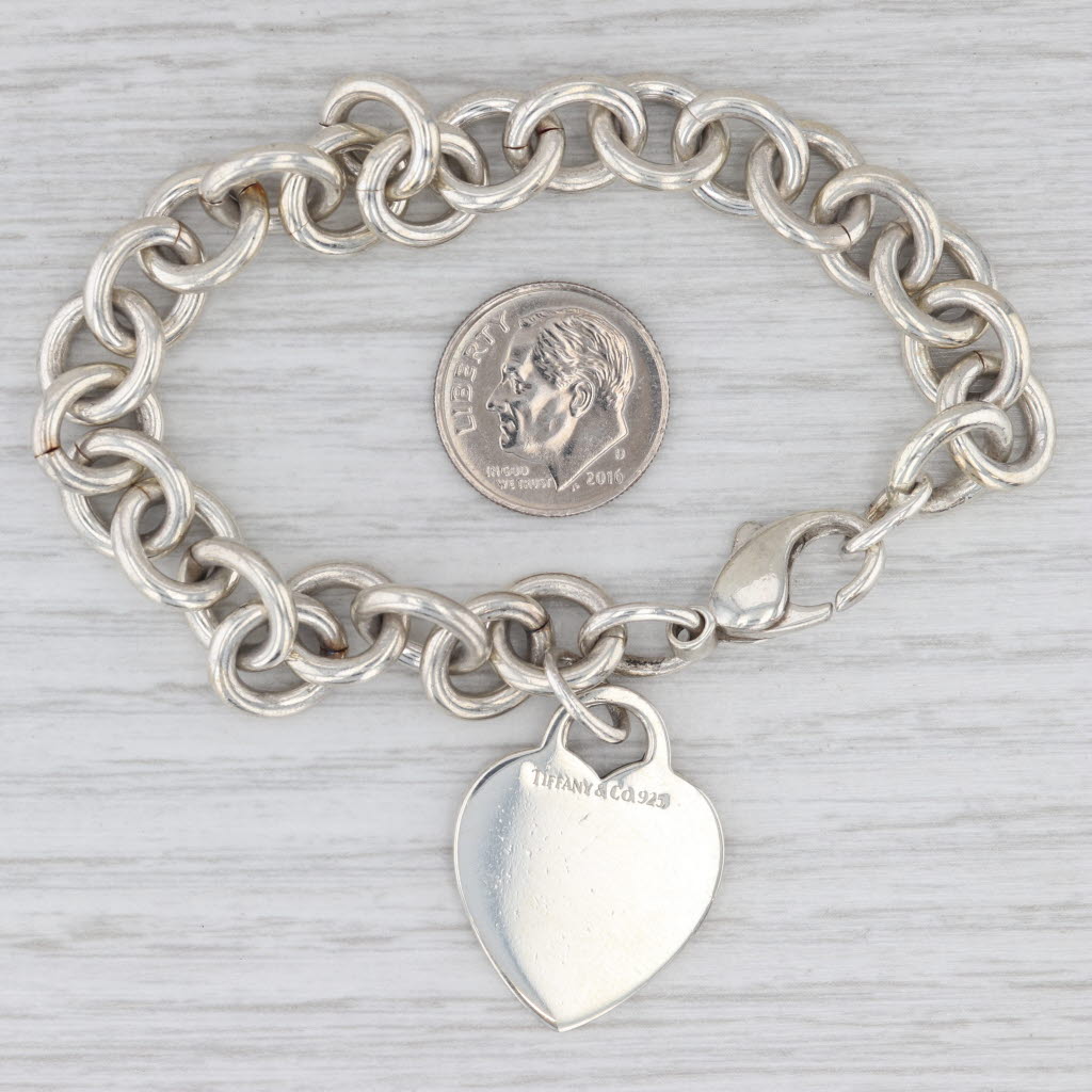 Light Gray Tiffany & Co Engravable Heart ID Tag Charm Bracelet Sterling Silver 7"