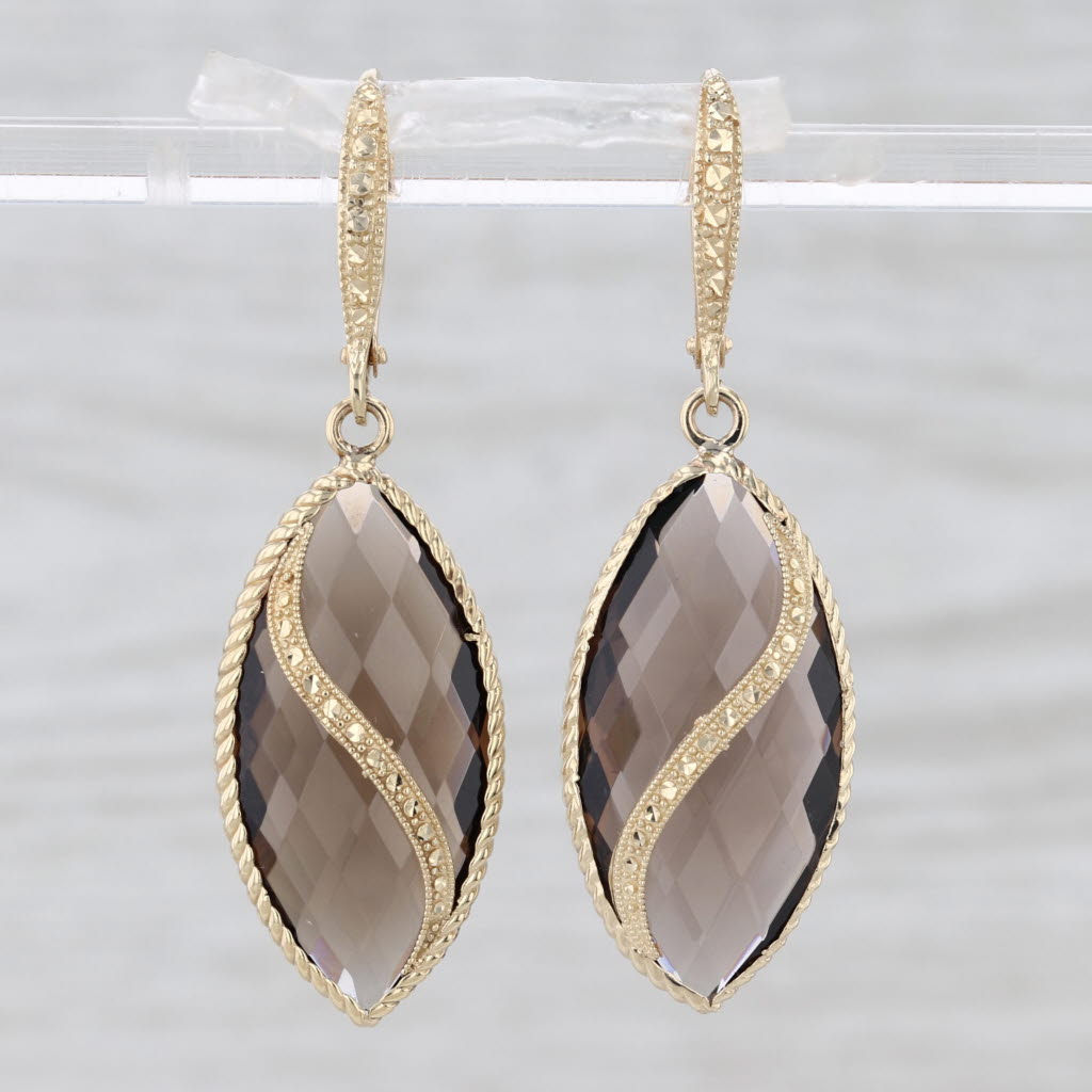 19.50ctw Smoky Quartz Marquise Dangle Earrings 14k Yellow Gold Lever Backs