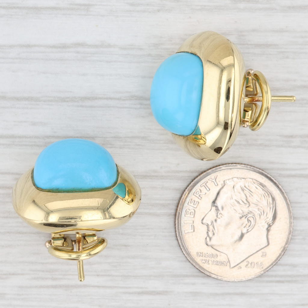 Light Gray Italian Turquoise Cabochon Earrings 18k Yellow Gold Omega Back Drops