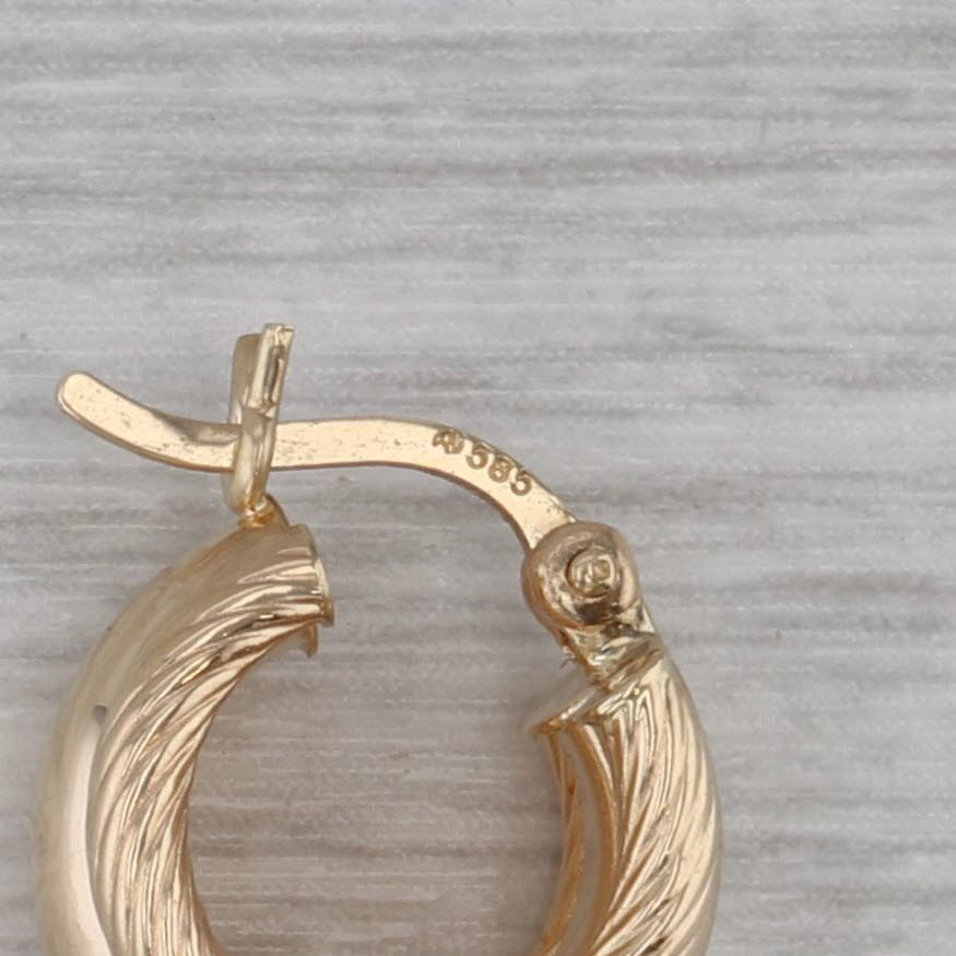 Dark Gray Rope Etched 3-Hoop Earrings 14k Yellow Gold Snap Top Small Round Hoops
