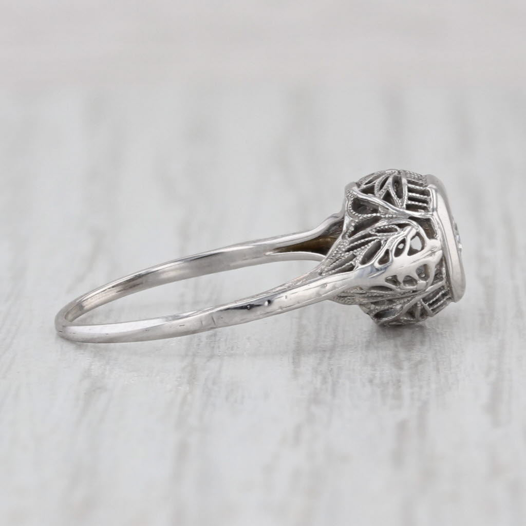 Art Deco Diamond Solitaire Ring 18k White Gold Filigree Size 7.5