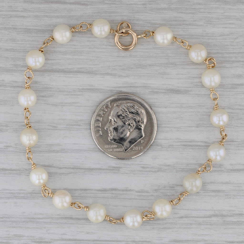 Gray Cultured Pearl Bead Chain Bracelet 14k Yellow Gold 6.5" 5-5.3mm