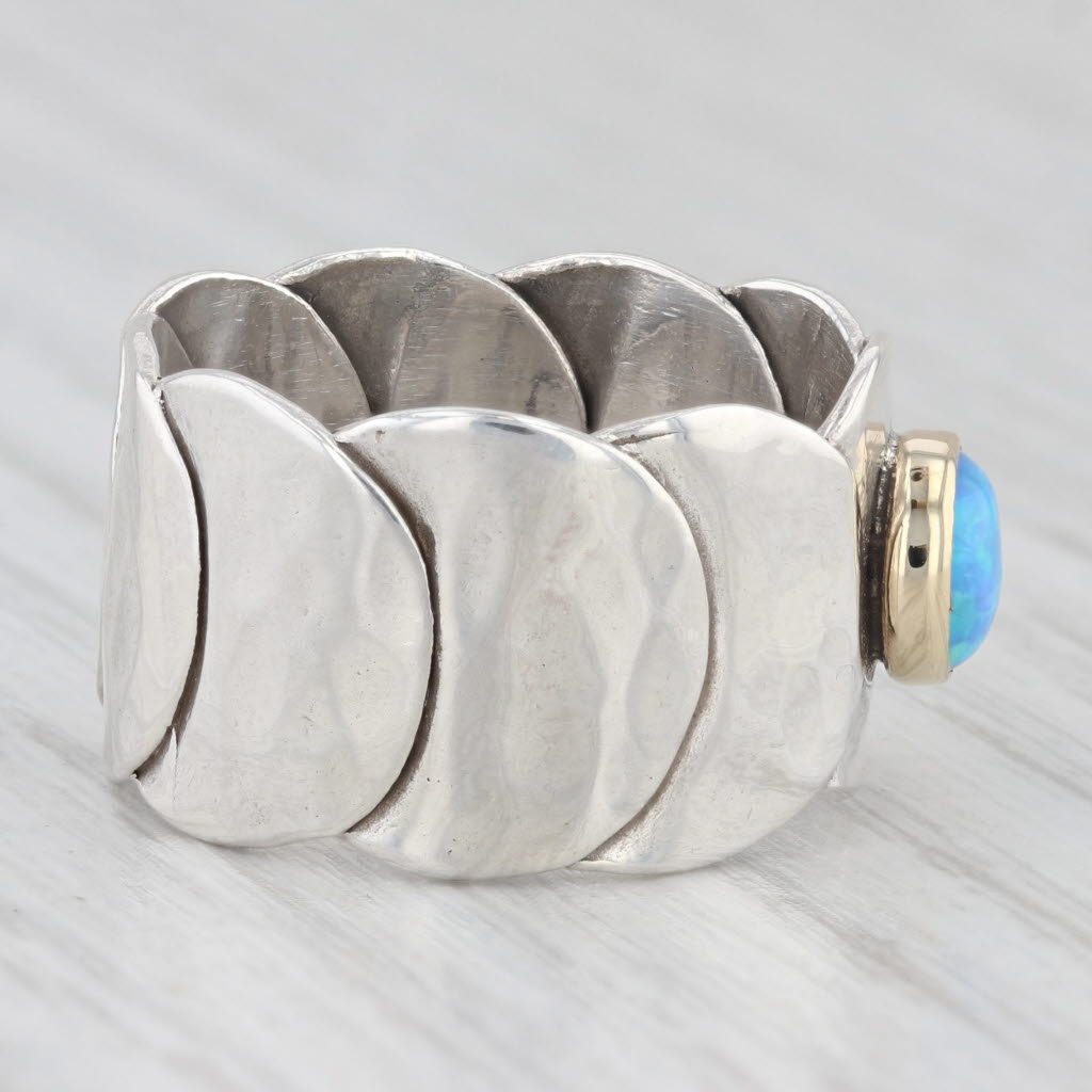 Light Gray Lab Created Blue Opal Statement Ring Sterling Silver 14k Gold Artisan Signed