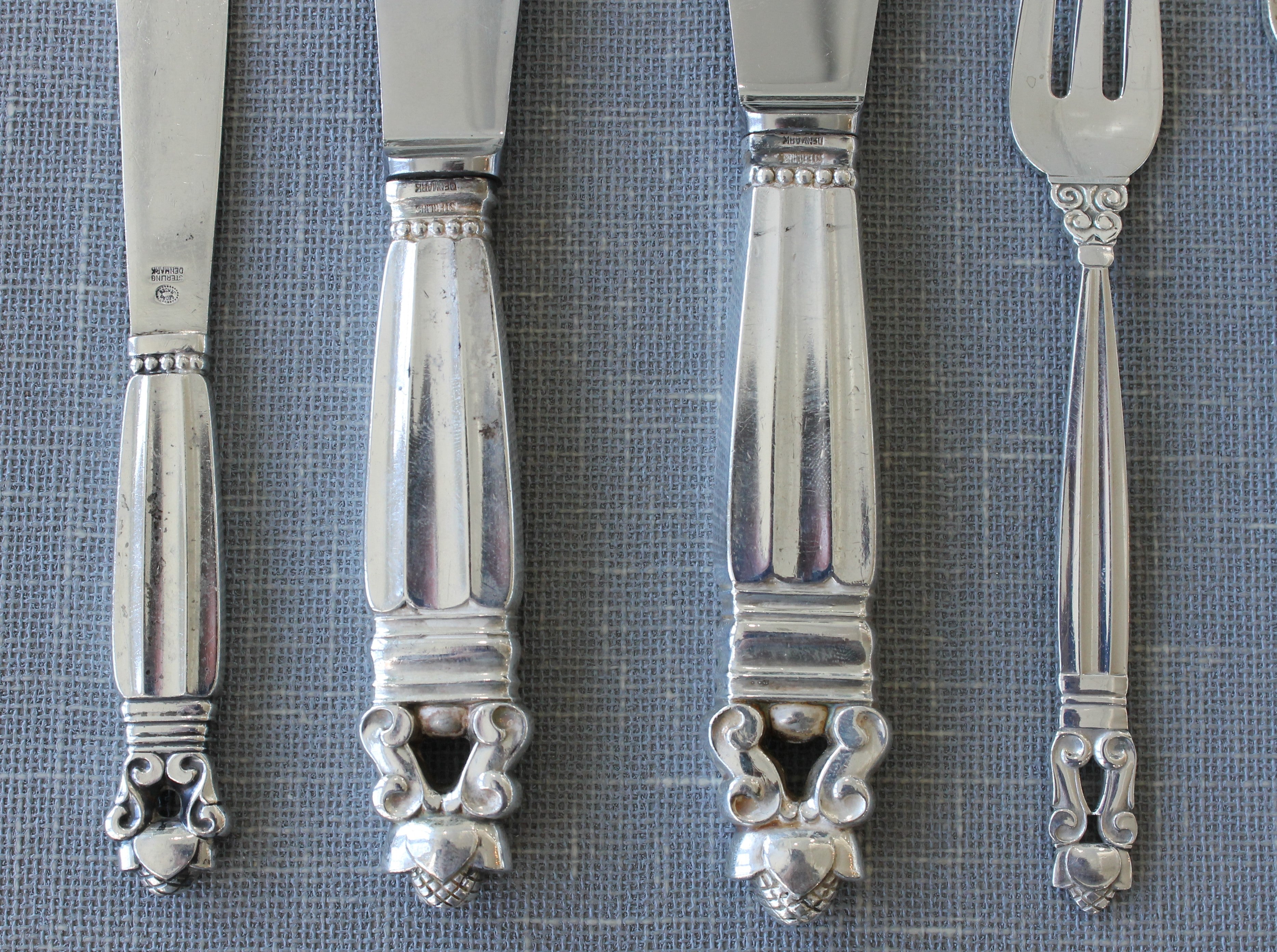 Slate Gray Georg Jensen Acorn Sterling Silver Flatware Set 10pc Service of 8 Danish Cutlery