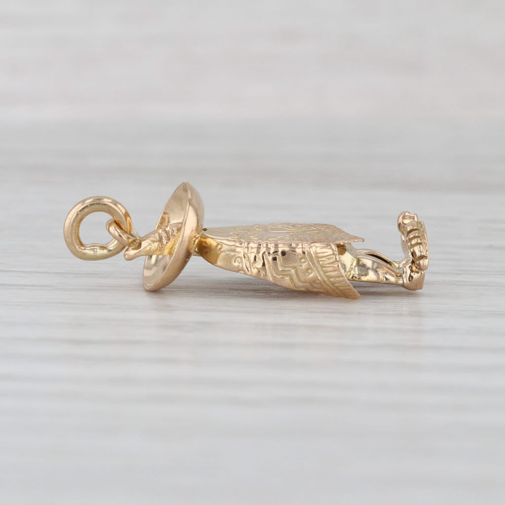Mexican Figure Charm 14k Yellow Gold Wearing Sombrero Poncho Souvenir Pendant