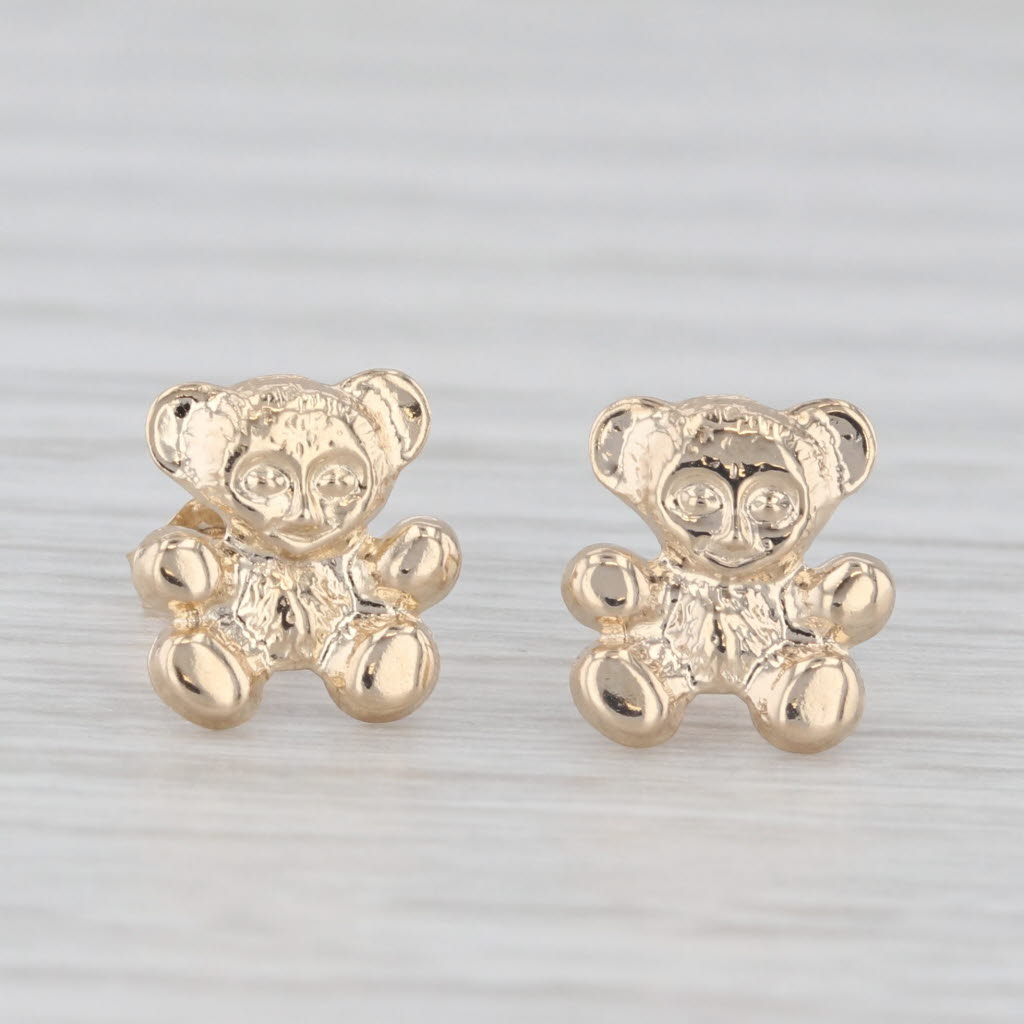 Light Gray Small Teddy Bear Stud Earrings 14k Yellow Gold