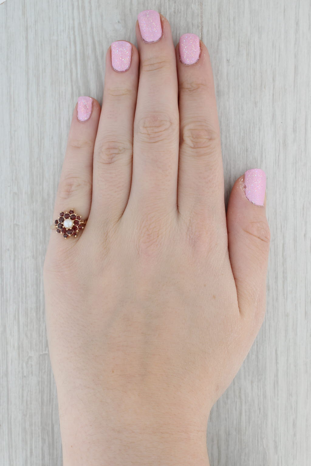 Gray Cultured Pearl Garnet Flower Ring 14k Yellow Gold Size 6.75