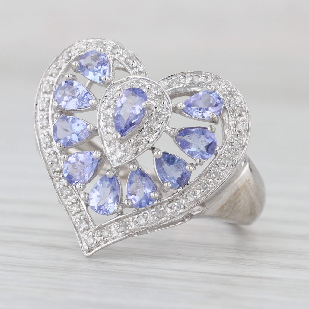 1.53ctw Tanzanite Diamond Halo Heart Ring 10k White Gold Cocktail Size 8.25