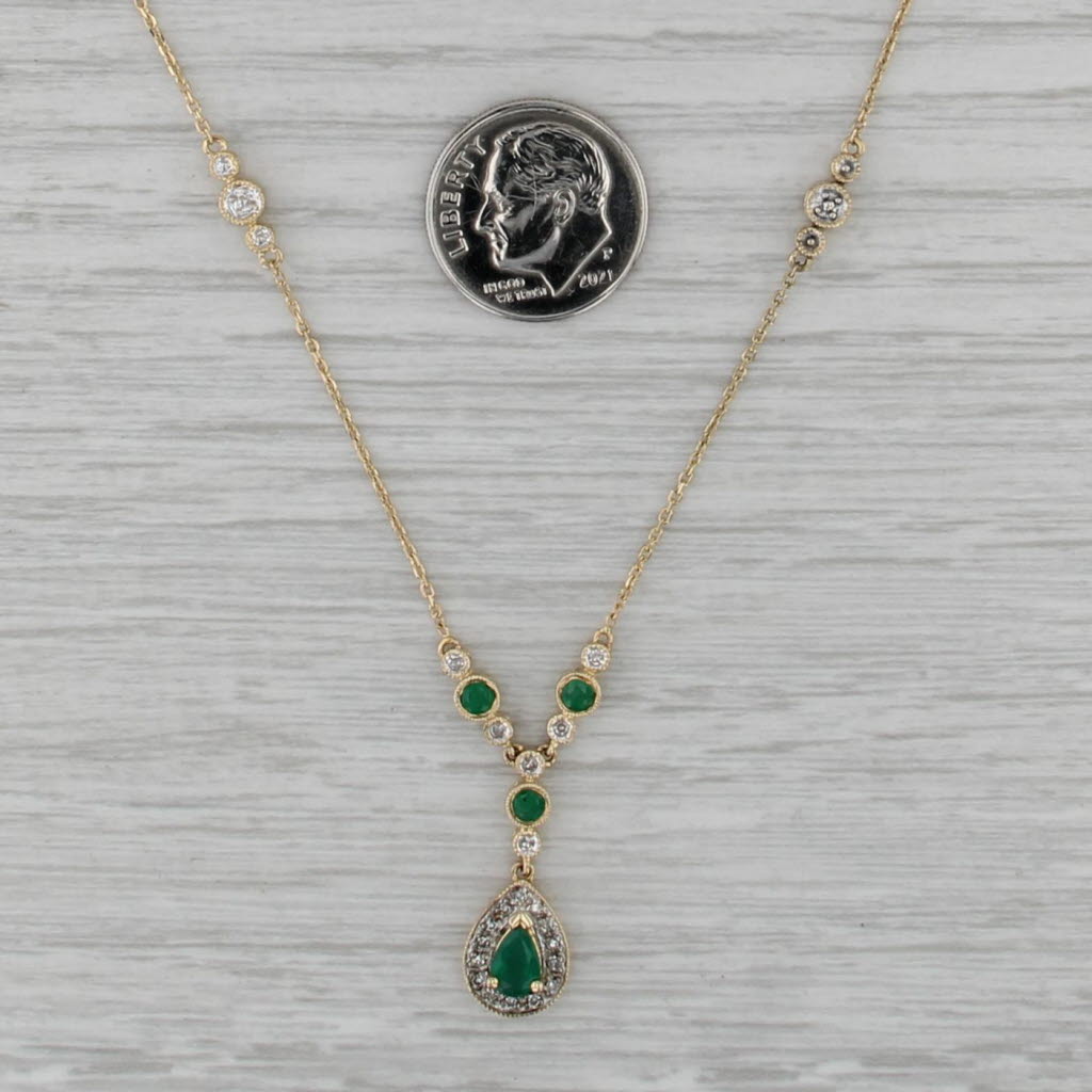 0.90ctw Emerald Diamond Lariat Necklace 14k Yellow Gold 16.5" Cable Chain