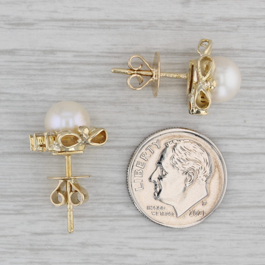 Gray Cultured Pearl 0.20ctw Diamond Bow Stud Earrings 14k Yellow Gold