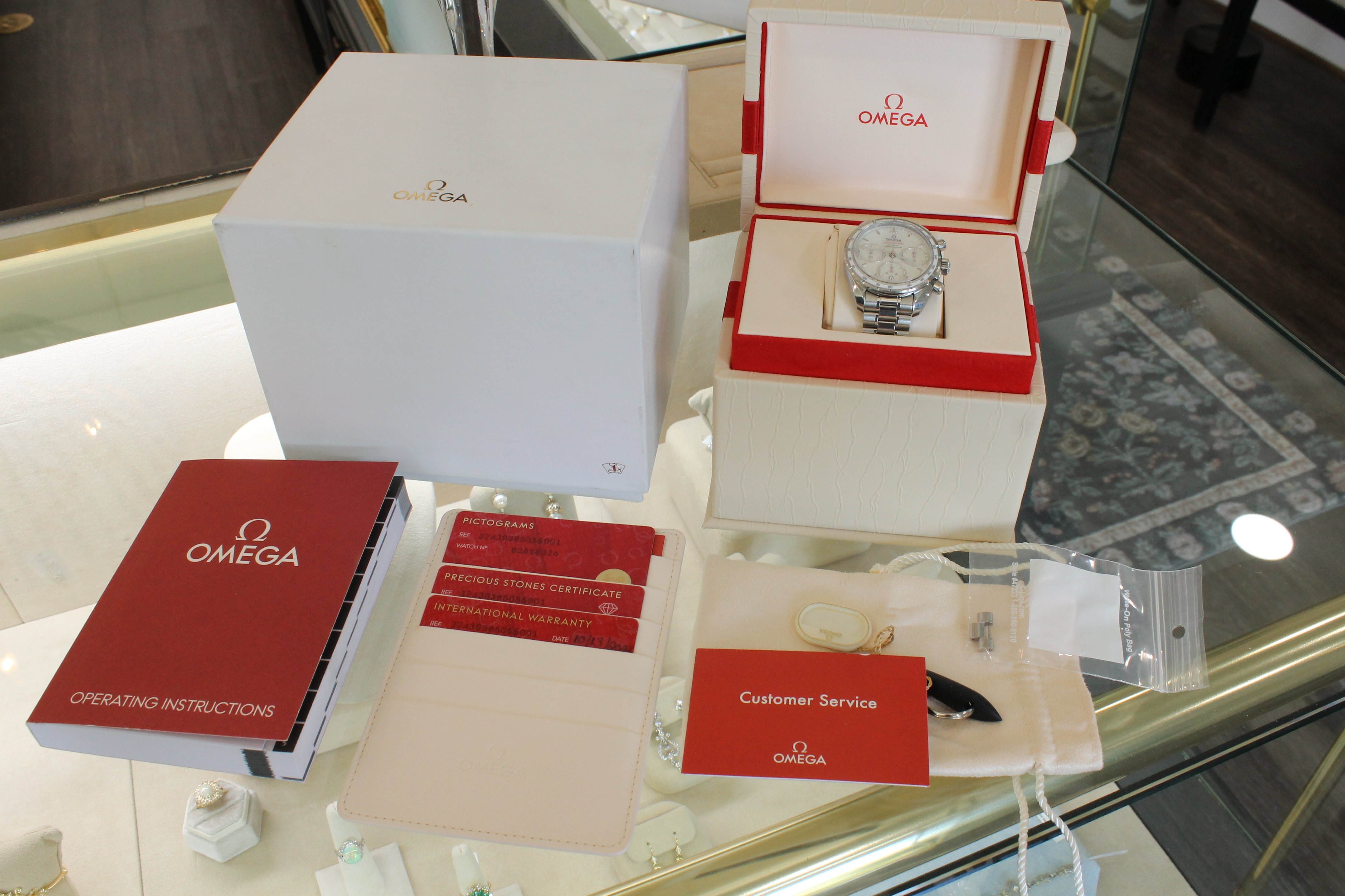 Omega Speedmaster 38mm Automatic Chronograph Watch Pink MOP Diamond Box Cards
