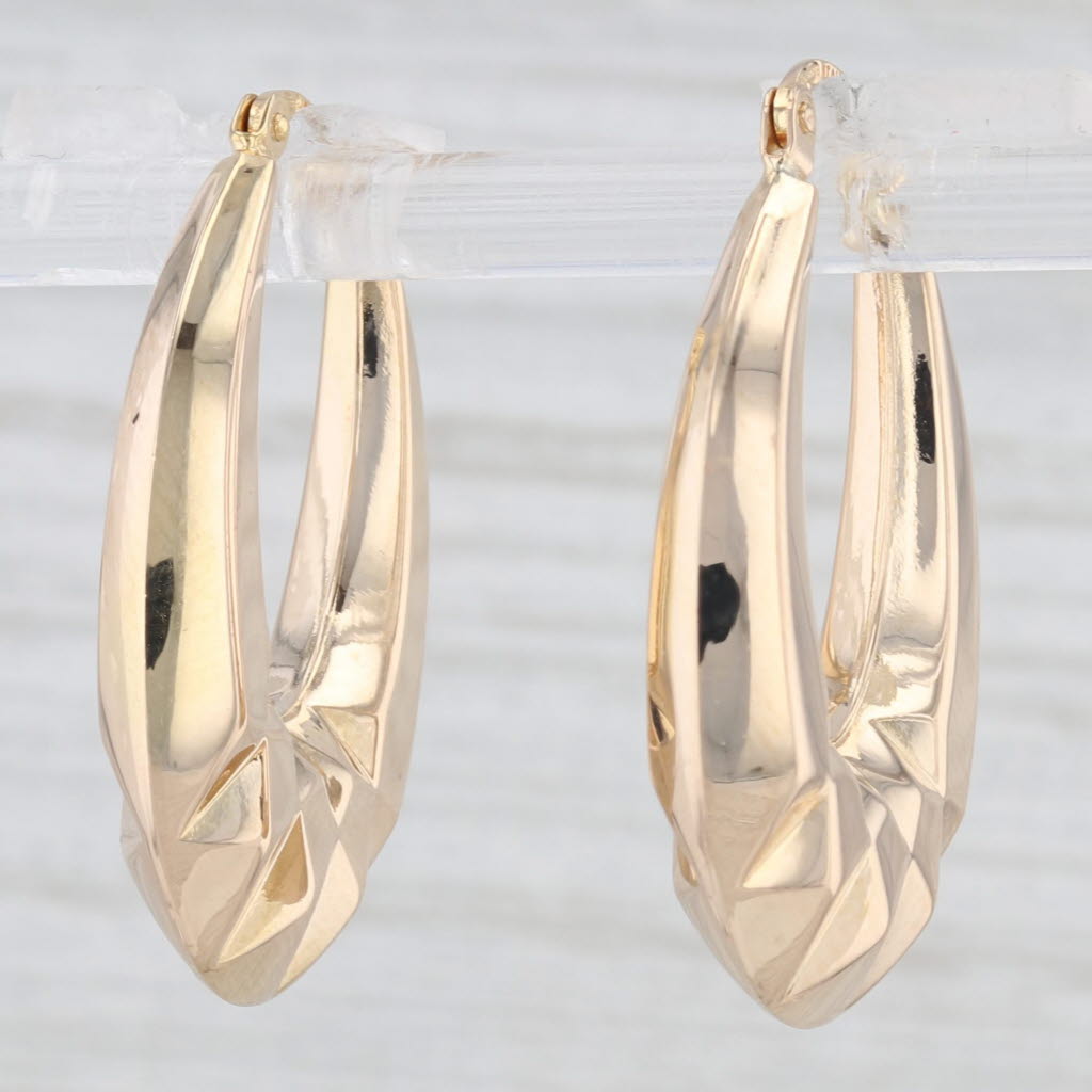Light Gray Beveled Oval Hoop Earrings 14k Yellow Gold Snap Top Hoops