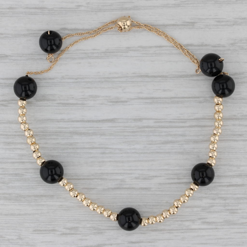 Gray New Onyx Bead Bolo Bracelet 14k Yellow Gold 8.25" Adjustable Rope Chain