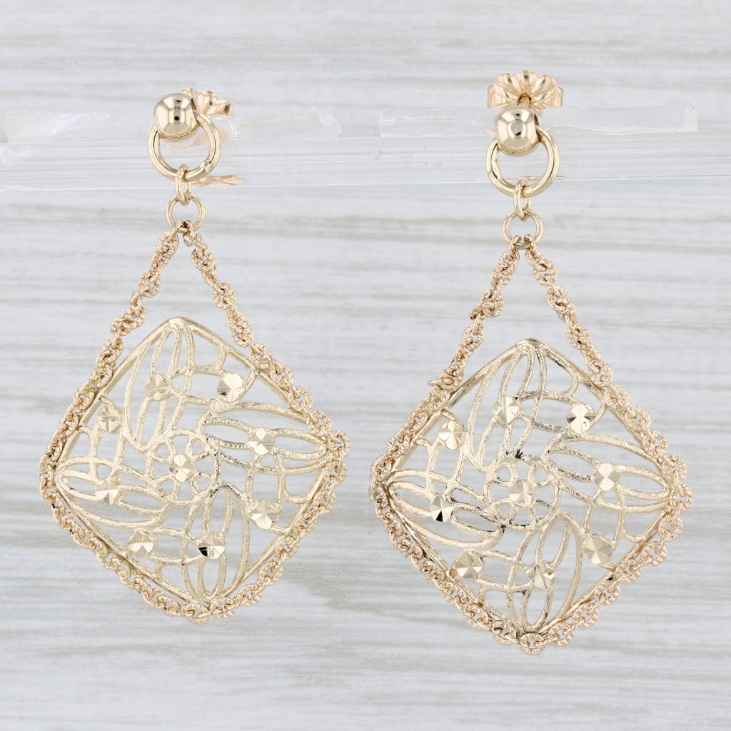 Light Gray Openwork Statement Dangle Earrings 14k Yellow Gold Drops