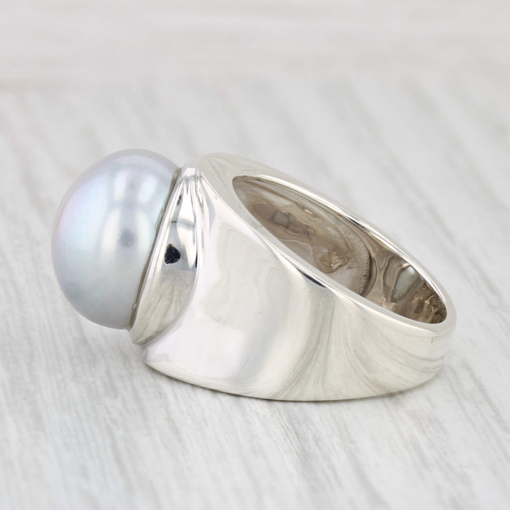 Light Gray Gray Simulated Pearl Ring Sterling Silver Size 6 Round Button Solitaire