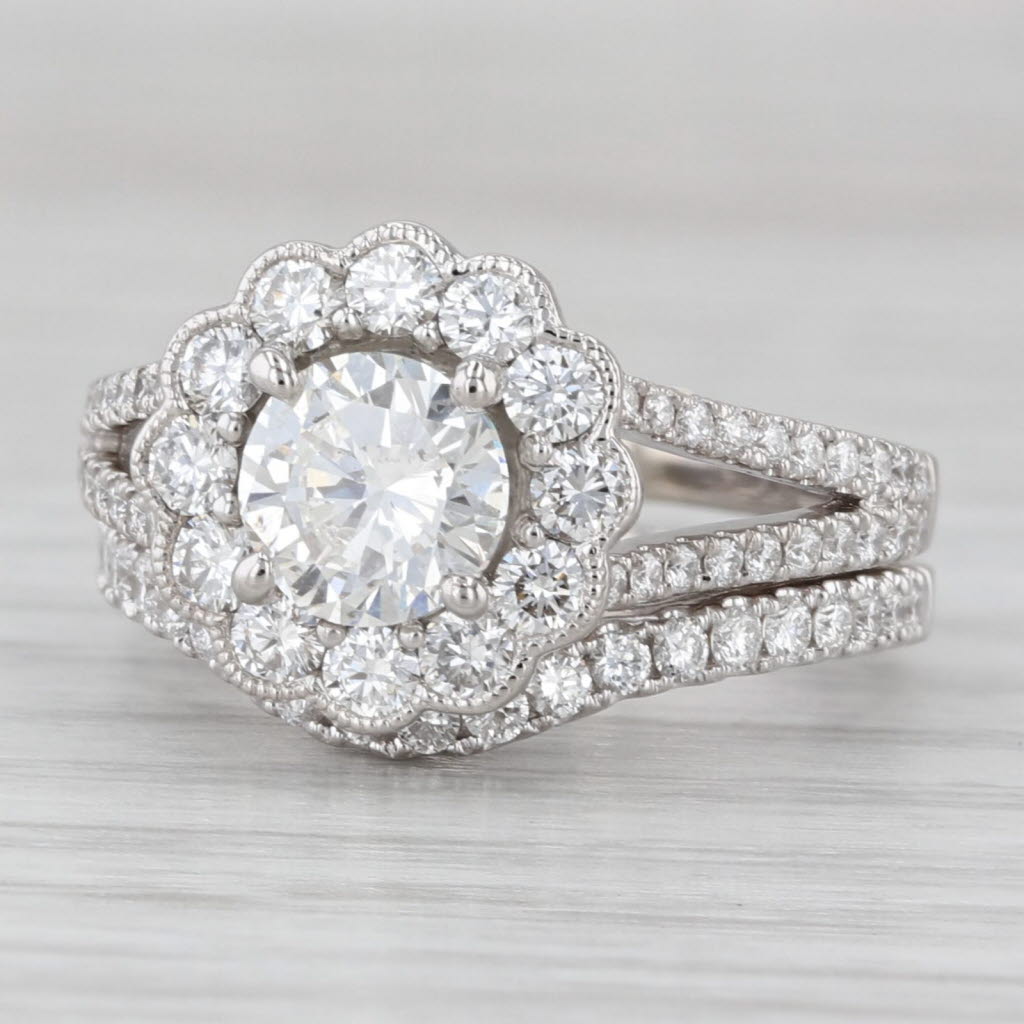 Round Diamond Halo Engagement Ring Wedding Band Bridal Set 14k