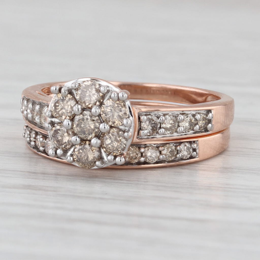 0.80ctw Diamond Cluster Engagement Ring Wedding Band Bridal Set 10k Rose Gold