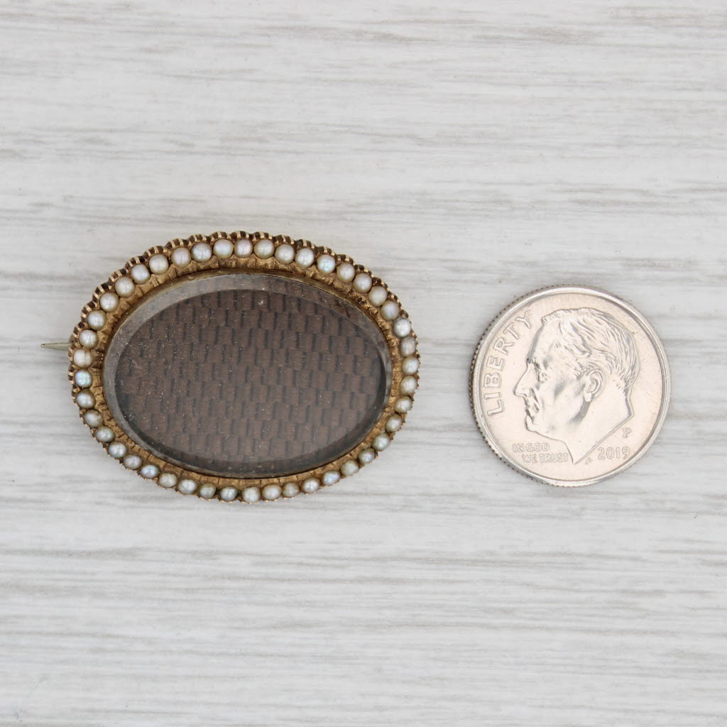 Light Gray Antique 1800s Glass Pearl Halo Hair Brooch 18k Gold Mourning Jewelry Pin