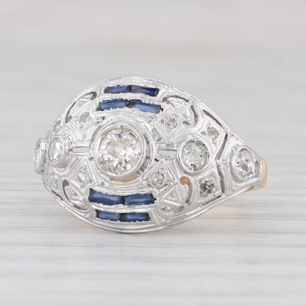 Light Gray Art Deco Diamond Lab Created Sapphires Ring 14k Gold Platinum Sz 6.75 Engagement