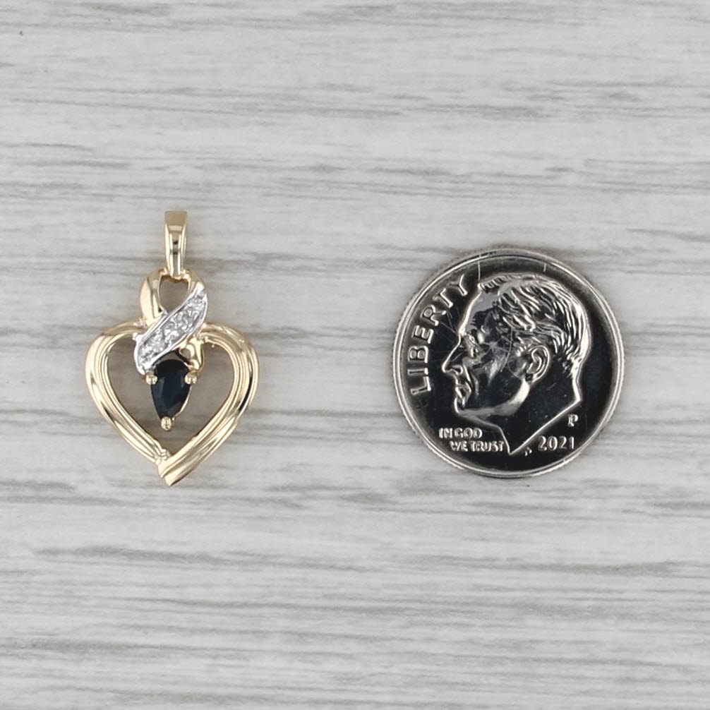 Blue Sapphire Diamond Open Heart Pendant 10k Yellow Gold Small Drop