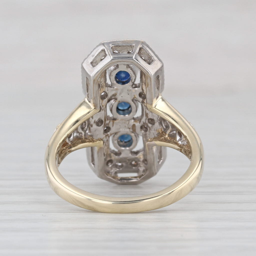 0.61ctw 3-Stone Blue Sapphire Diamond Halo Ring 10k White Yellow Gold Size 6.75