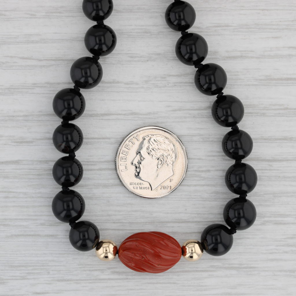 Gray Black Onyx Red Jasper Bead Necklace 14k Yellow Gold 29.5" Long Strand