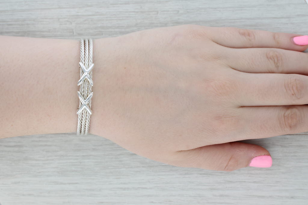 Gray Black Glass X Pattern Cuff Bracelet Sterling Silver 6.75"