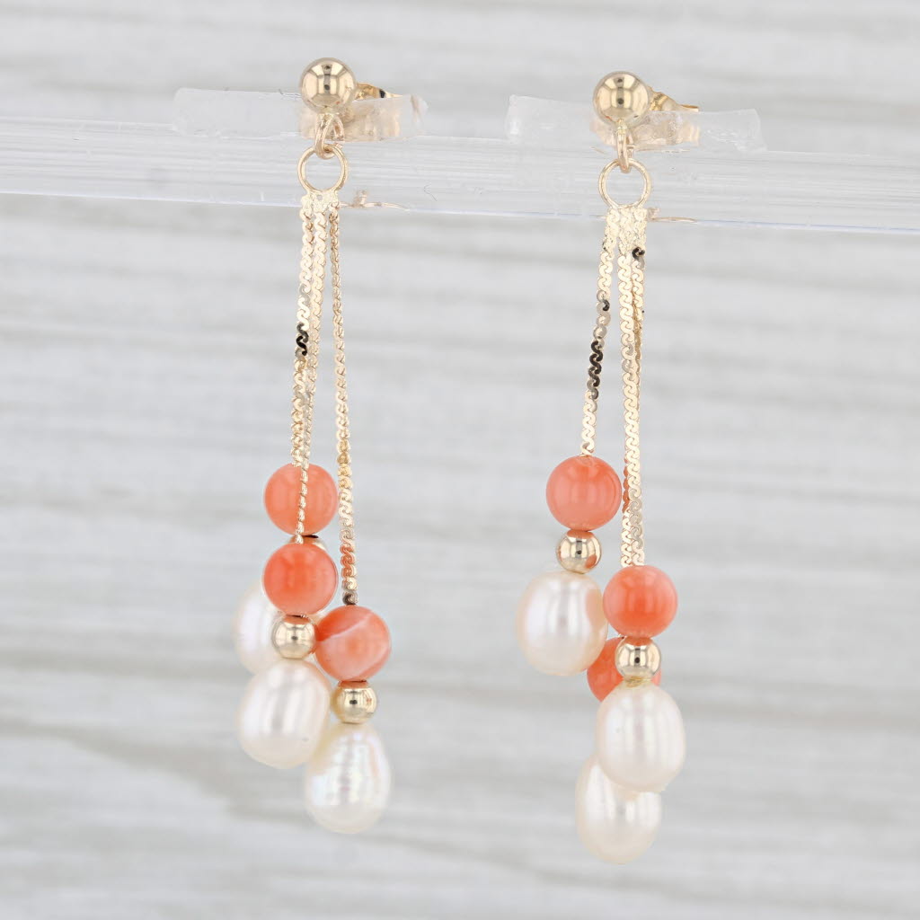 Light Gray Vintage Orange Coral Cultured Pearl Dangle Earrings 14k Yellow Gold Bead Drops
