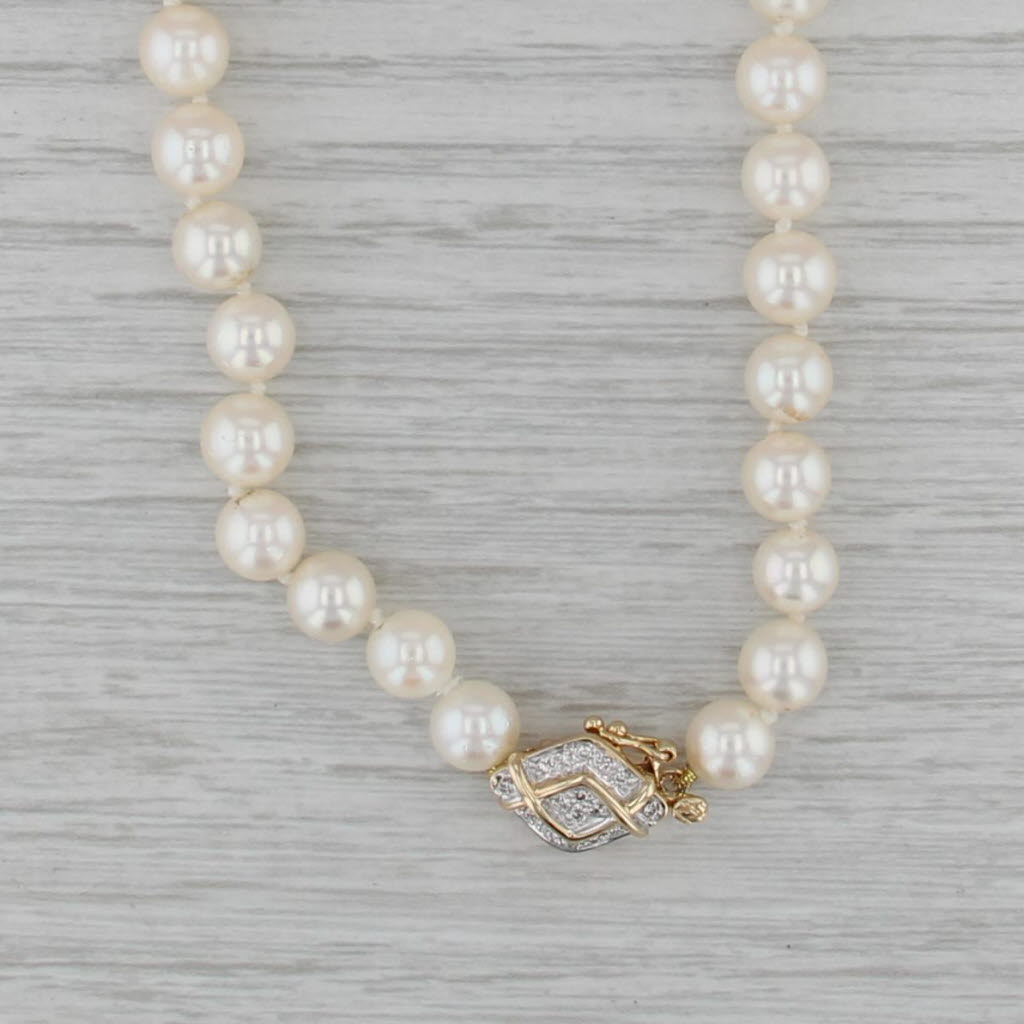 Diamond Clasp Pearl Bead Single Strand Necklace 14k Gold 31.5"
