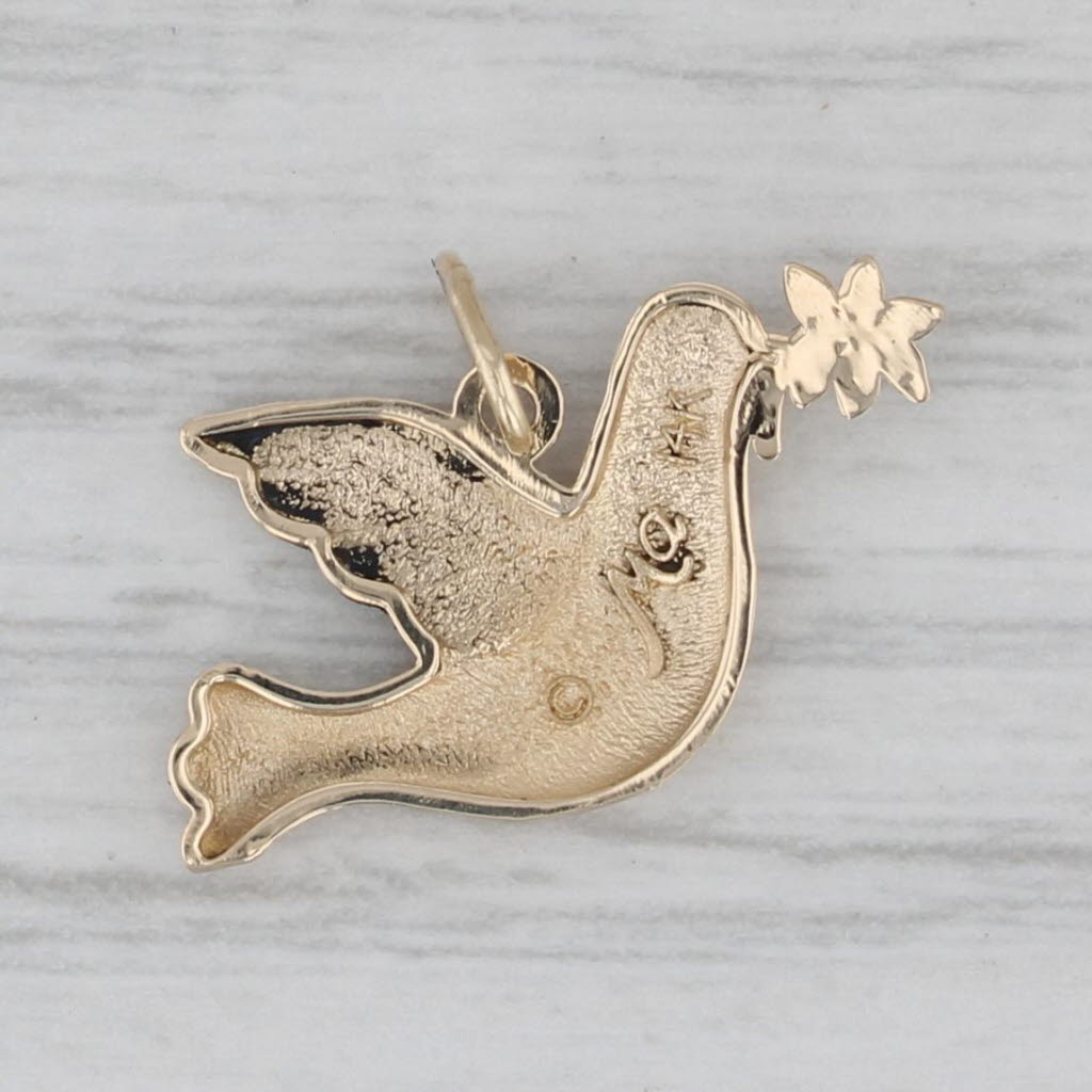 Gray Small Textured Peace Dove Charm 14K Yellow Gold Pendant