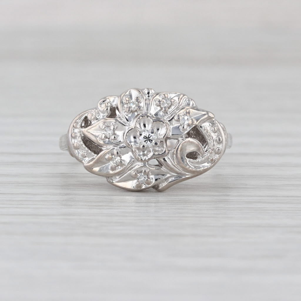 Vintage Ornate Floral Diamond Ring 14k White Gold Size 7.75