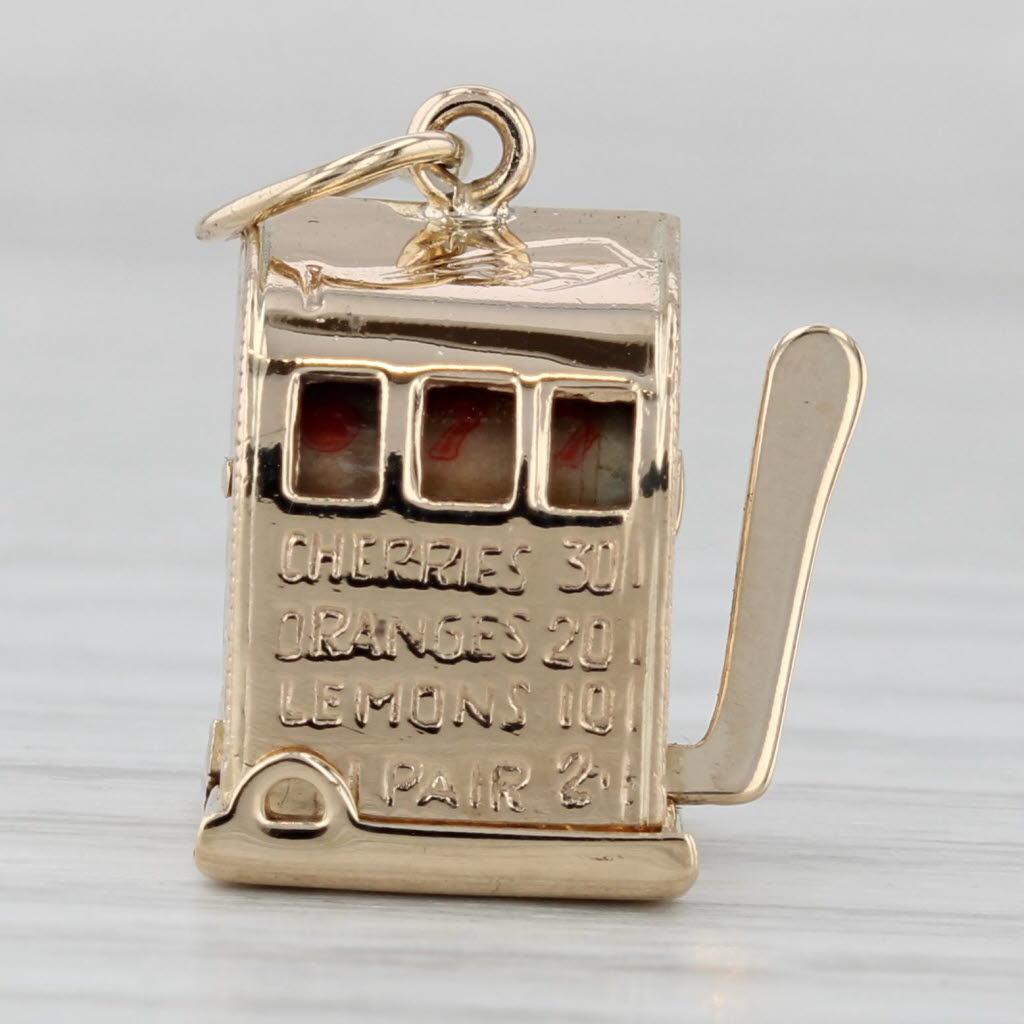 Gray Vintage Slot Machine Charm 14k Yellow Gold Vegas Souvenir Spins Arm Moves