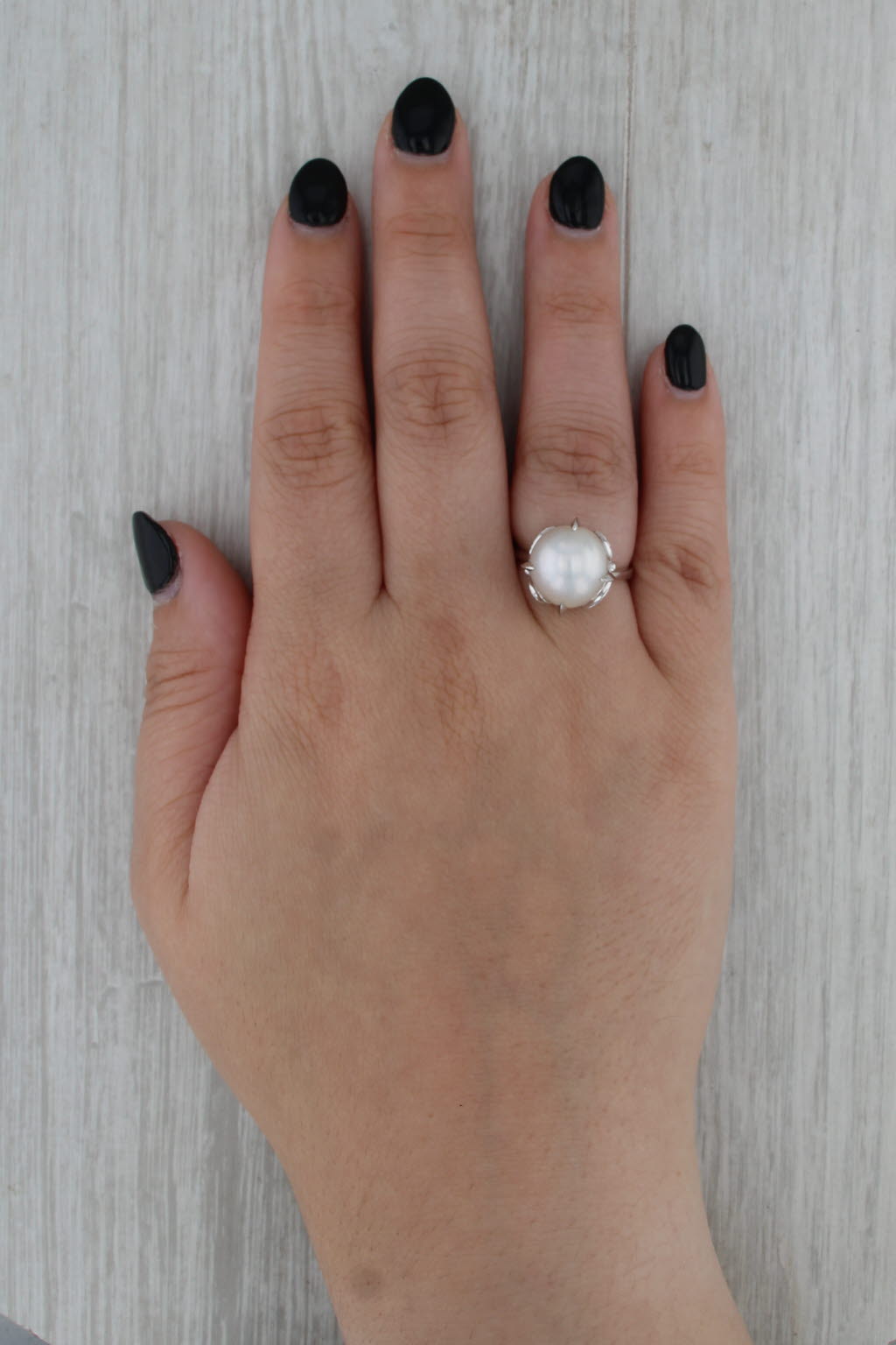 12mm Cultured Pearl Solitaire Ring 14k White Gold Size 6.75 Ornate Setting