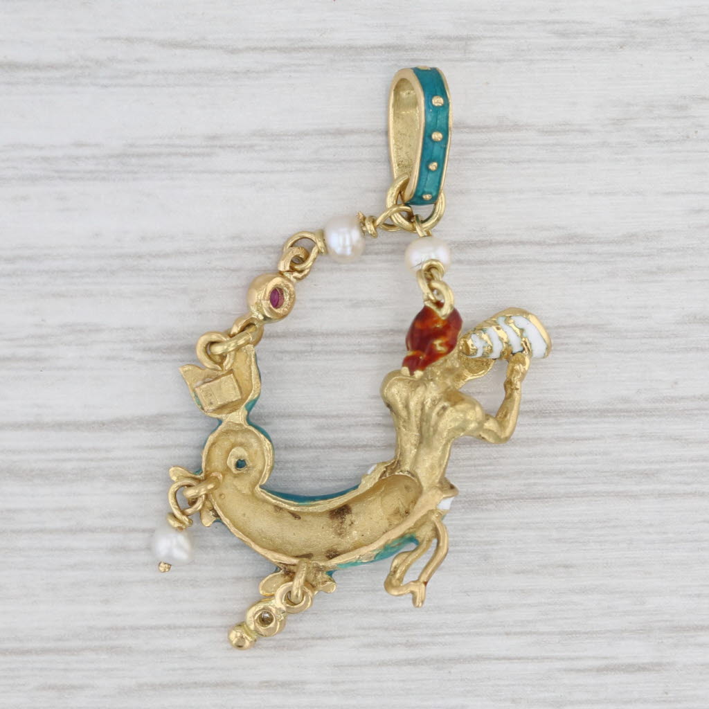 Light Gray Merman Holding Conch Shell Pendant Ruby Pearls Diamond 18k Yellow Gold Enamel