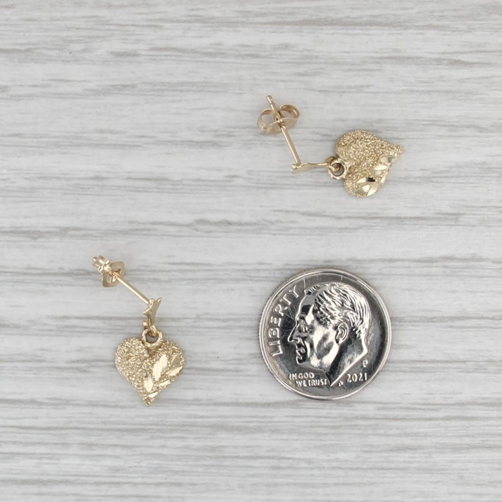 Brushed Puffy Heart Drop Earrings 14k Yellow Gold Dangles