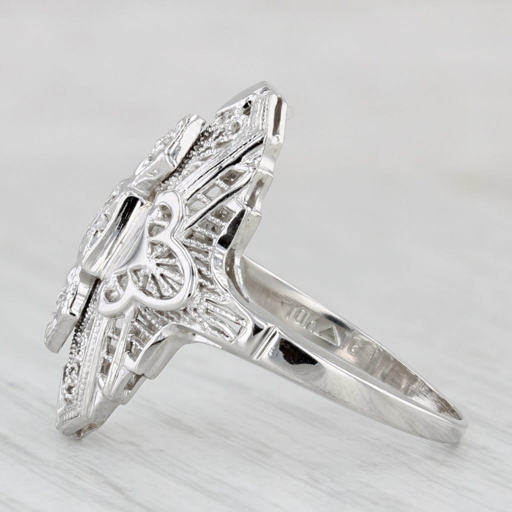 Light Gray Diamond Filigree Ring 10k White Gold Vintage Art Deco Size 6.75