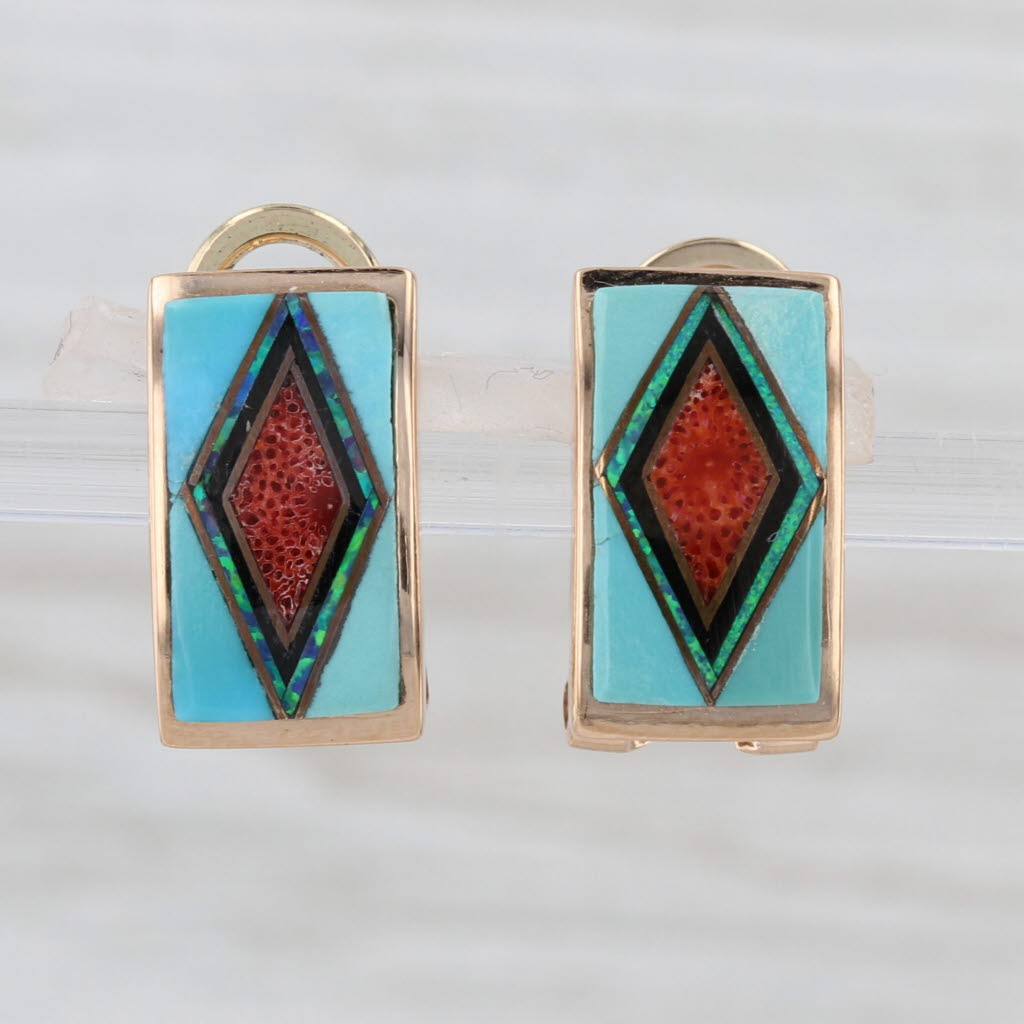 Mosaic Coral Resin Turquoise Lab Created Opal Earrings 14k Rose Gold Omega Backs