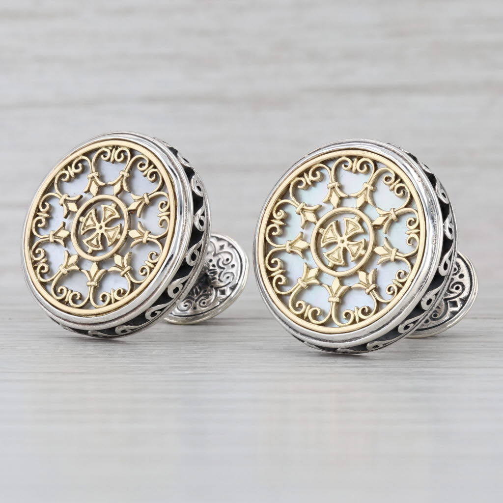 Konstantino Ornate Mother of Pearl Cross Cufflinks Sterling Silver 18k Gold