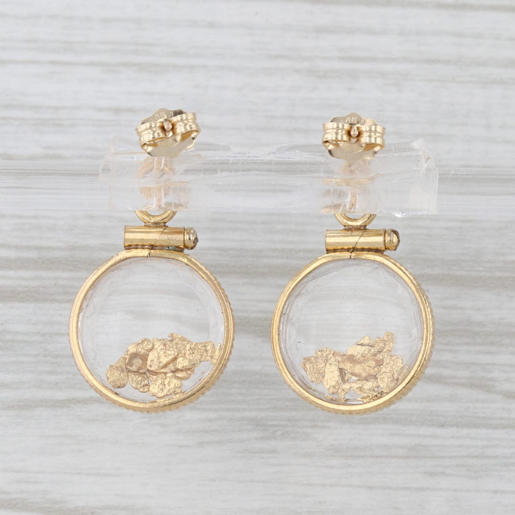 Gold Nuggets in Glass Dangle Earrings 14k 20k Yellow Gold Pierced Drops