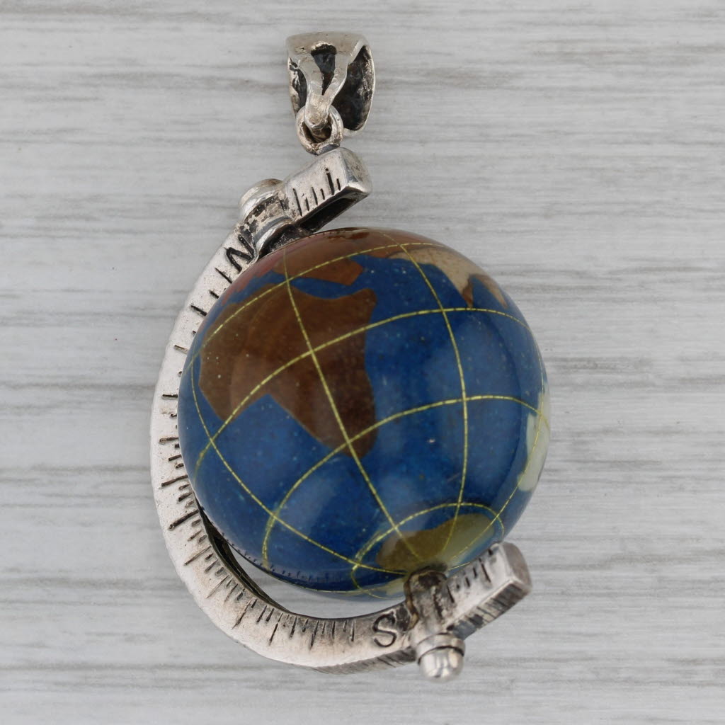Gray Large Globe with Compass Pendant Sterling Silver Multi-stone Mosaic Spins