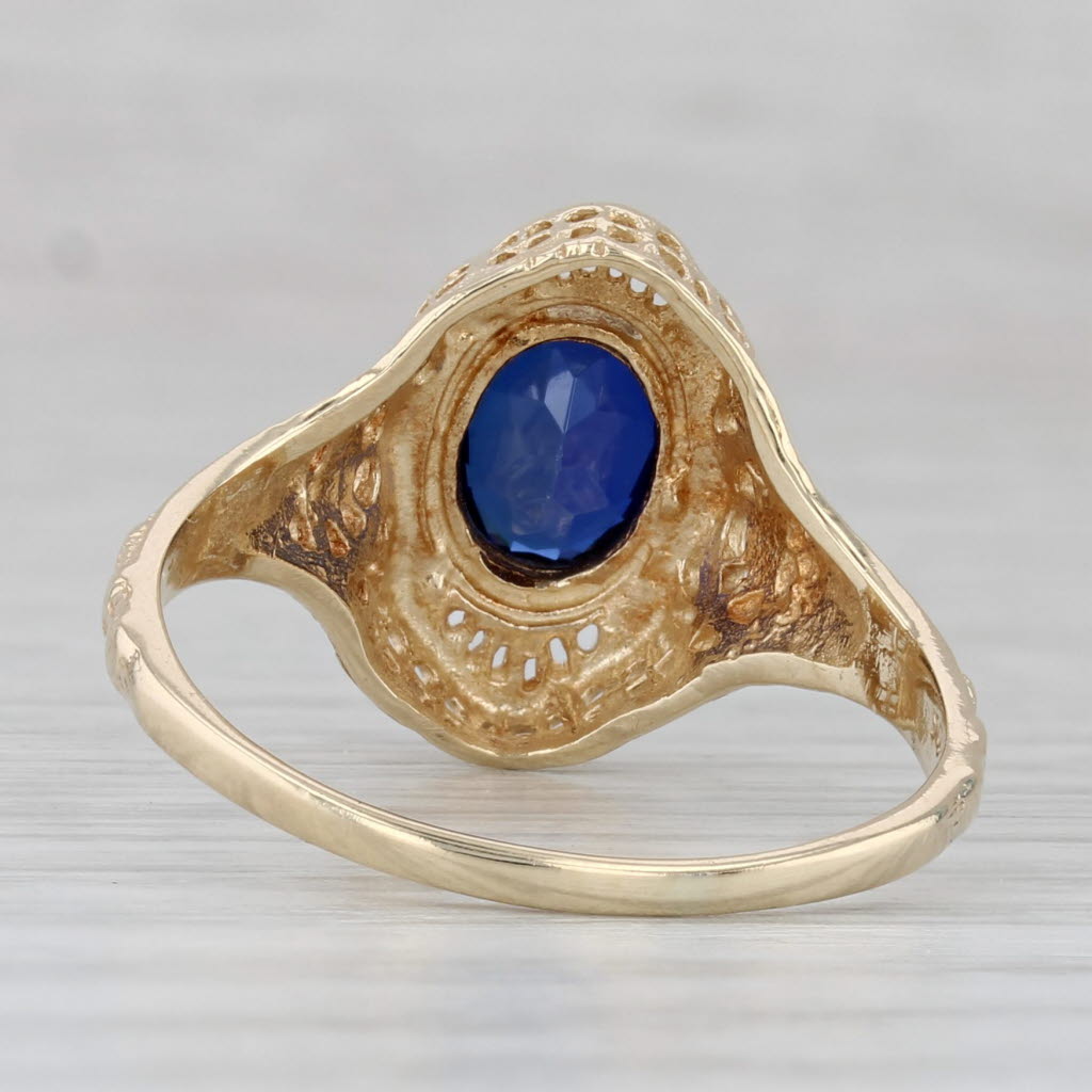 Gray 0.72ct Oval Lab Created Blue Sapphire 10k Yellow Gold Floral Filigree Size 9.5
