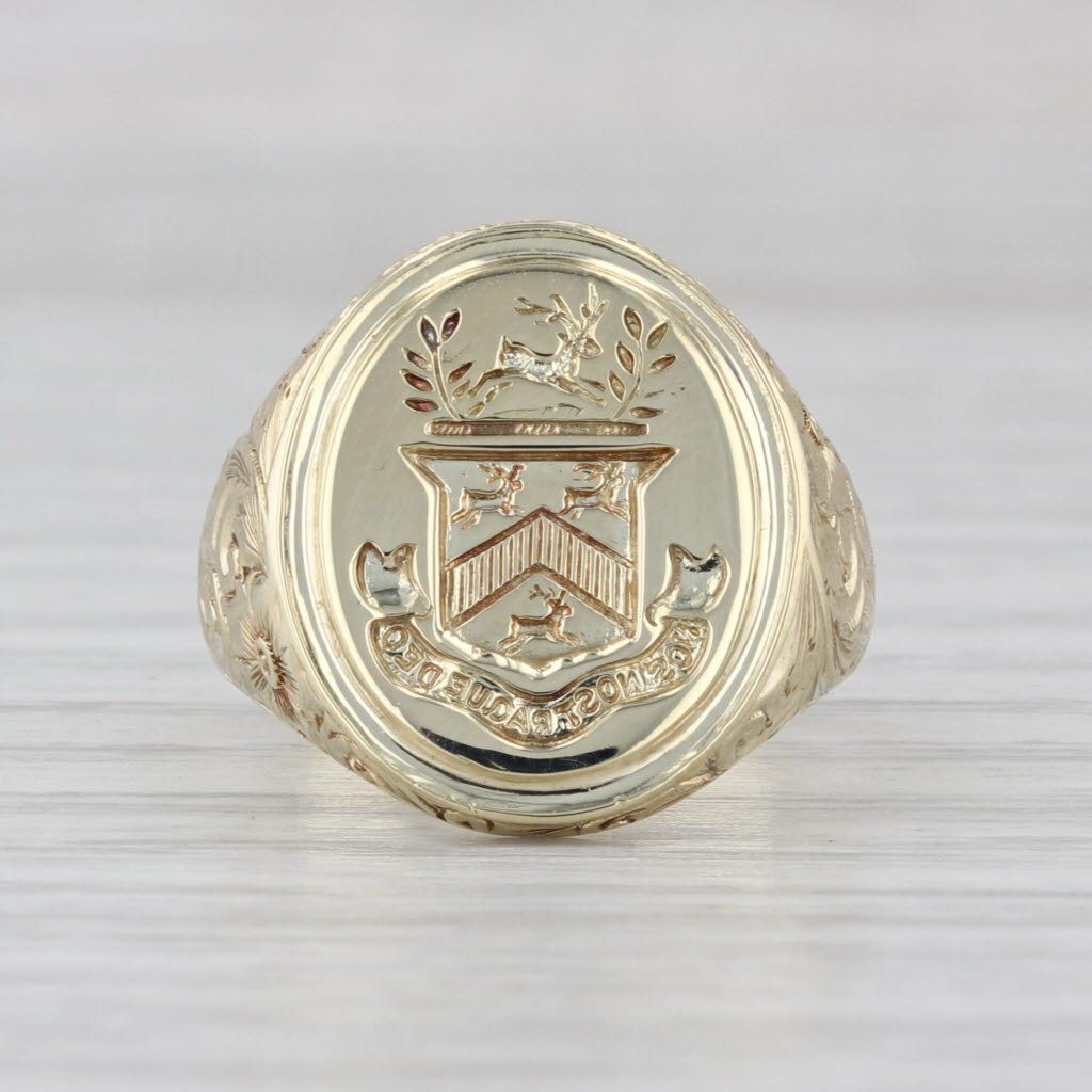Vintage Family Crest Signet Ring 14k Gold Nos Nostraque deo We & Ours to God