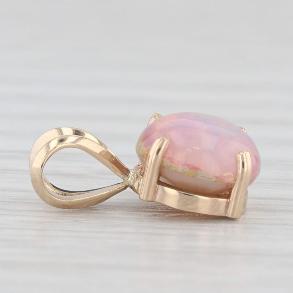 Light Gray Pink Glass Simulated Opal Small Drop Pendant 14k Yellow Gold Round Cabochon